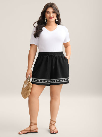 Cotton Embroidery Waist-Tie Straight-Fit Shorts