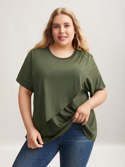 Stretchy Overlap Hem Mesh Plain Top
