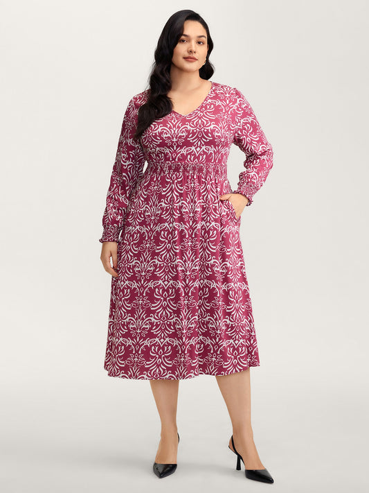 Abstract Pattern Shirred Waist Midi Dress