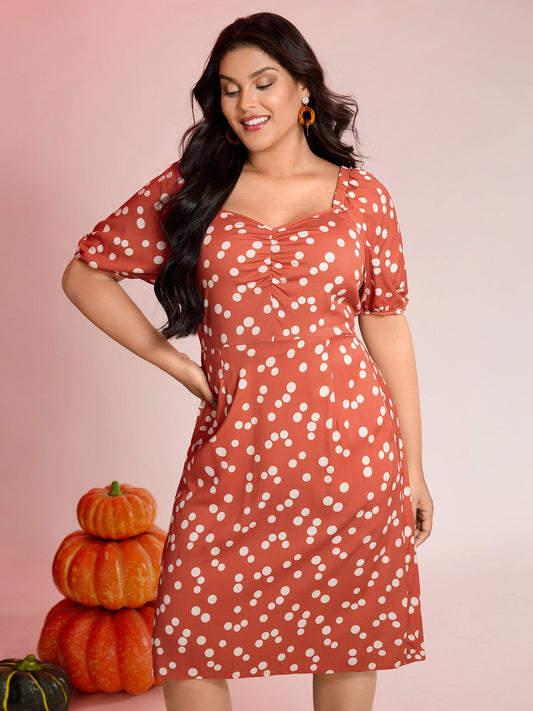 Polka Dots Gathered Bust Pockets Midi Dress