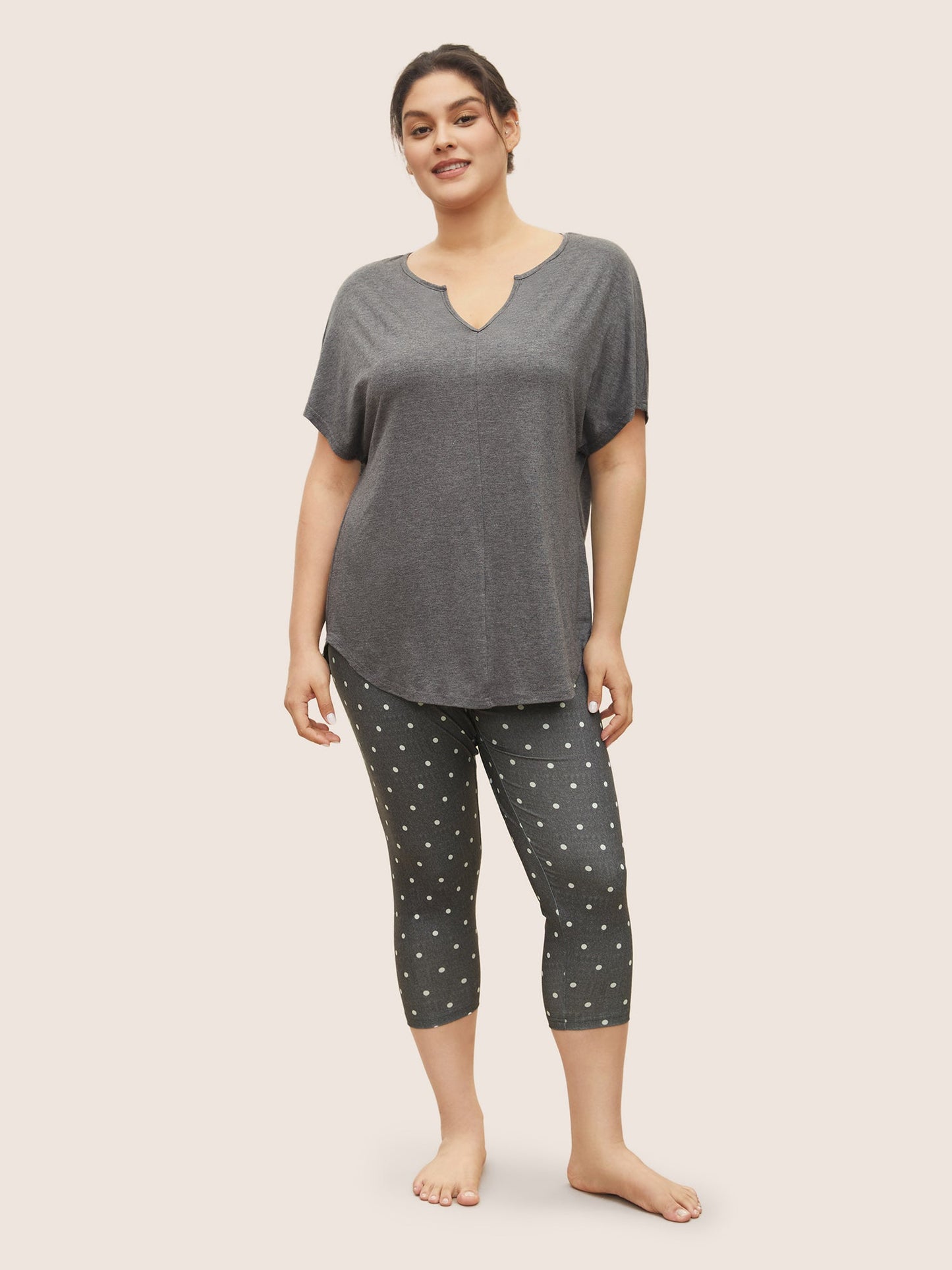Plain Arc Hem Notched Dolman Sleeve Sleep Top