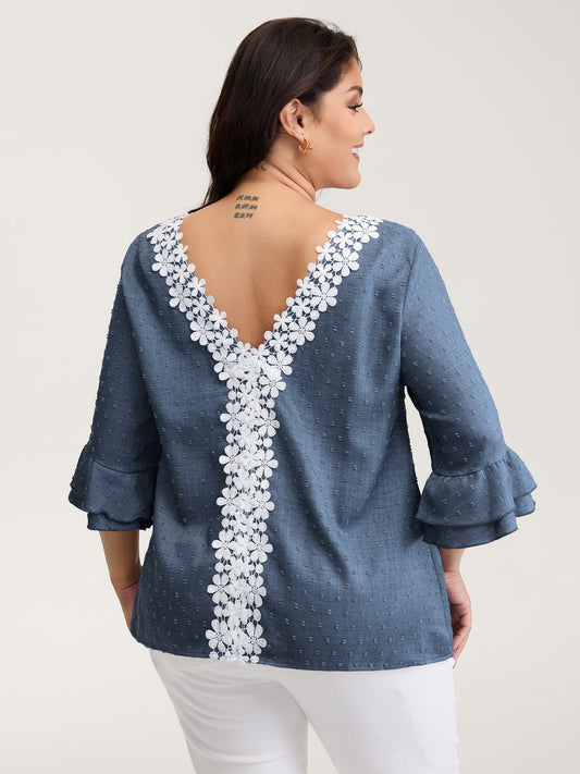 Textured Backless Lace Trim Blouse