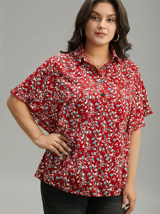 Ditsy Floral Shirt Collar Button Through Ruffle Sleeve Blouse