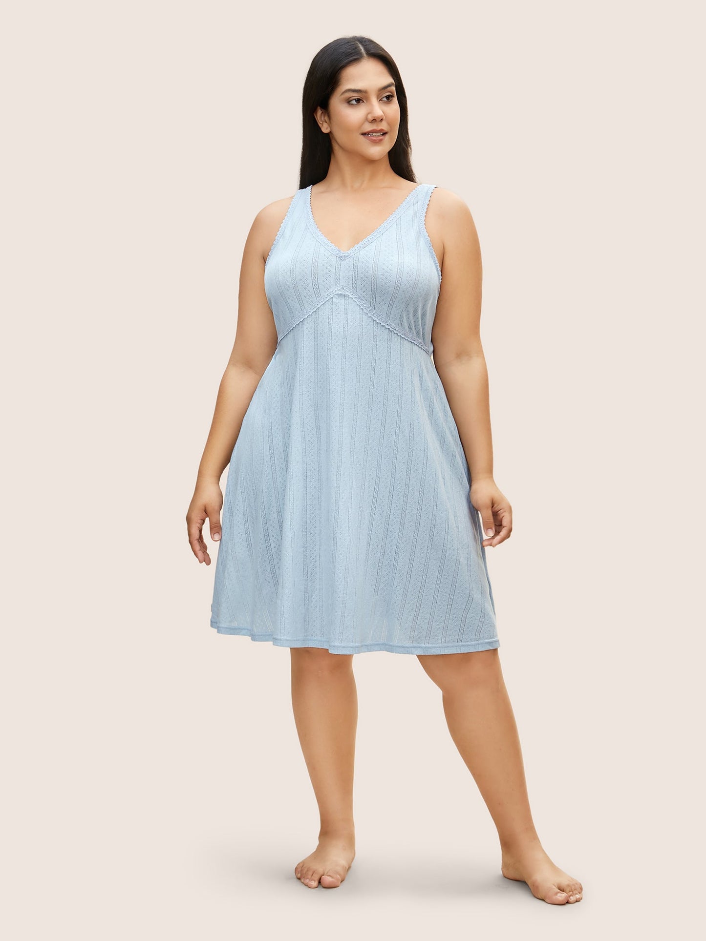 Texture V Neck Lace Panel Sleep Dress