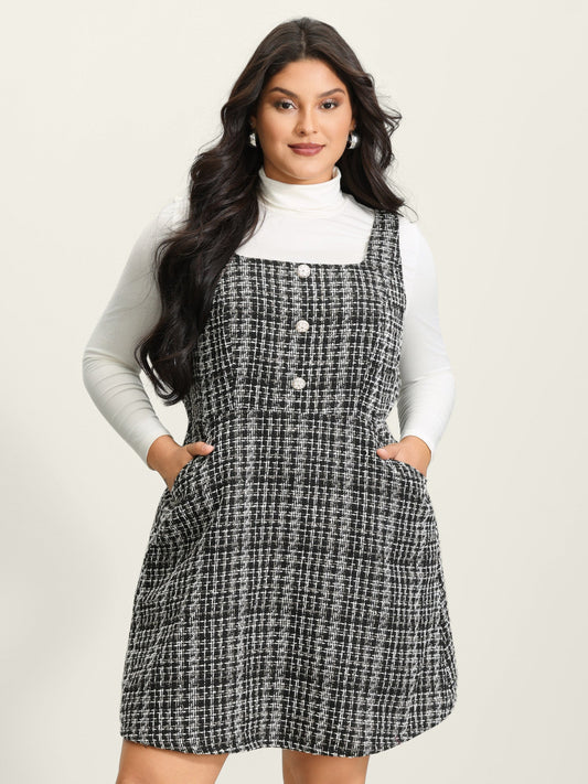 Tweed Woven Pattern Lined Button Midi Dress