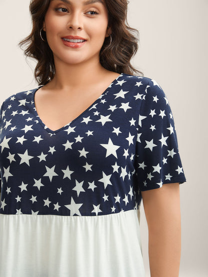 Star Print Color Contrast Tiered T-Shirt