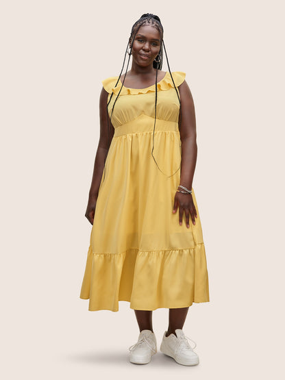 Plain Shirred Ruffle Trim Sleeveless Dress