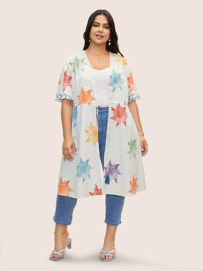 Sun Print Knotted Button Up Drawstring Kimono