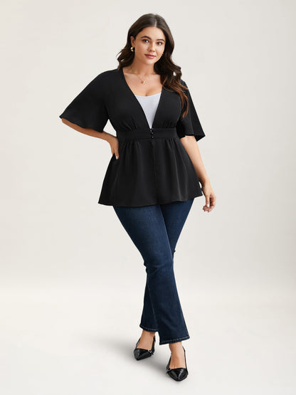 V-Neck Stretchy-Waist Button Flared Blouse