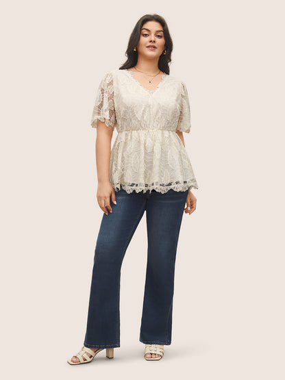 Lace Panel Mesh Patchwork Elastic Waist Blouse