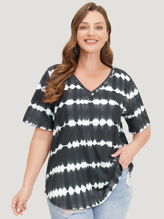 Striped Tie Dye Curved Hem T-shirt