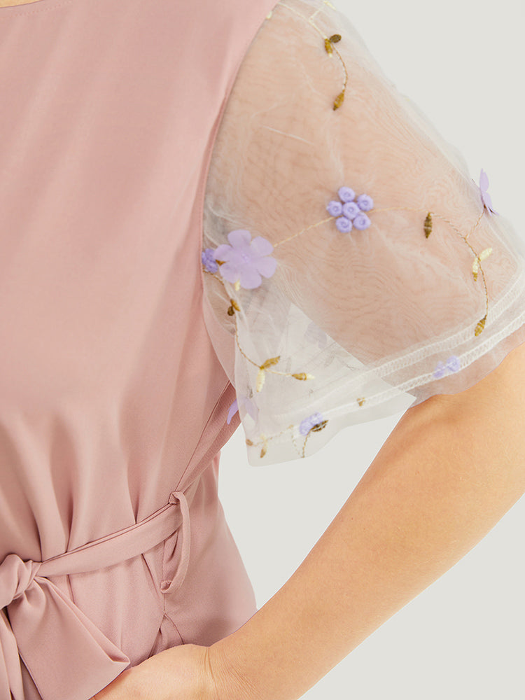 Floral Mesh Sleeve Flutter Pocket Belt Knee Dress