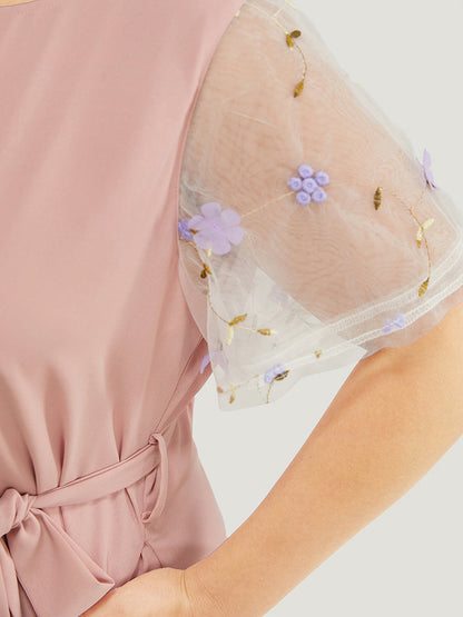 Floral Mesh Sleeve Flutter Pocket Belt Knee Dress