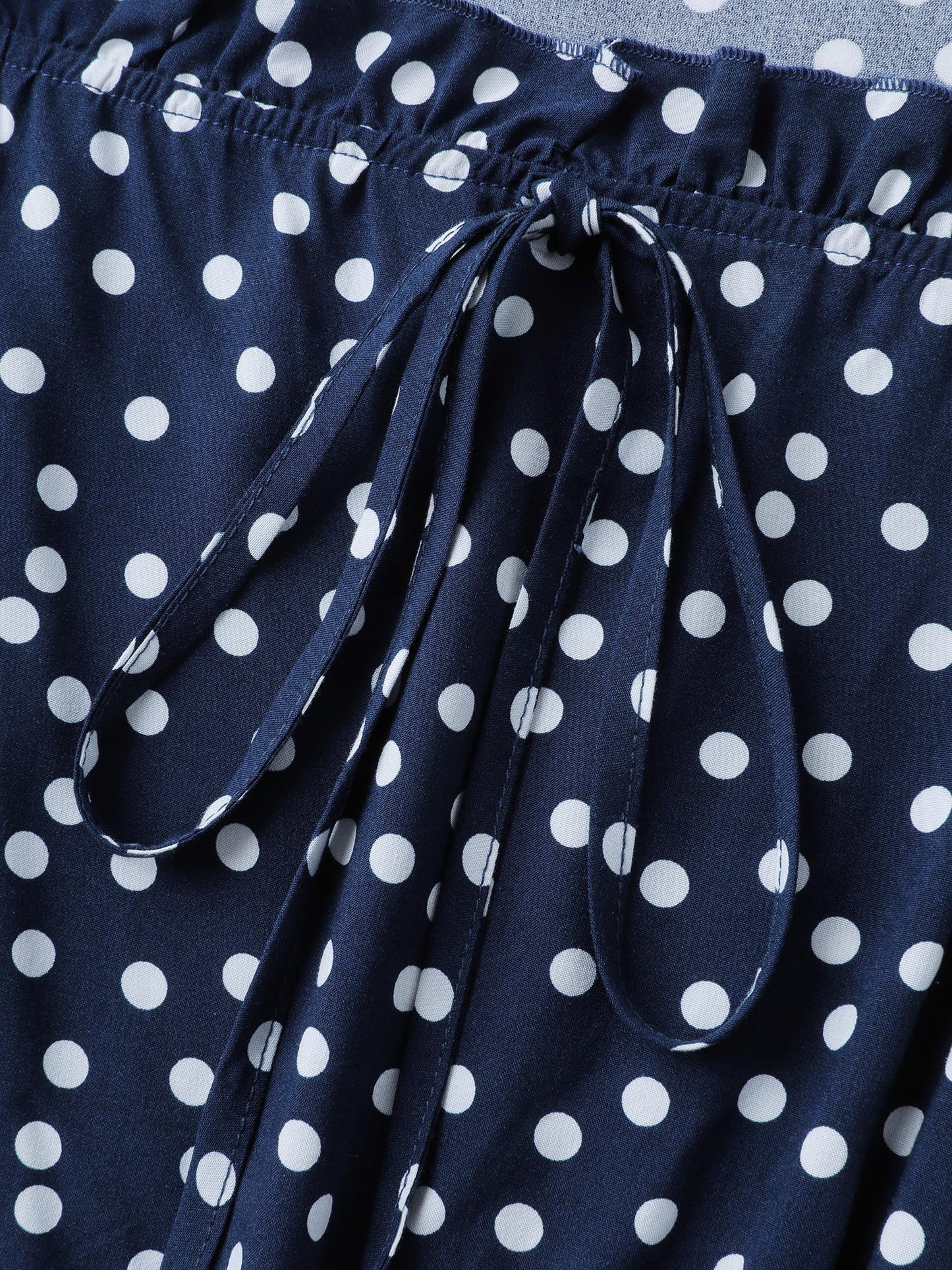 Polka Dots Shirred Drawstring Neck Midi Dress
