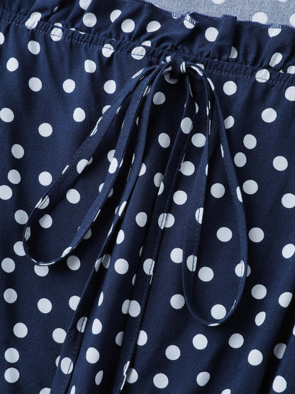 Polka Dots Shirred Drawstring Neck Midi Dress