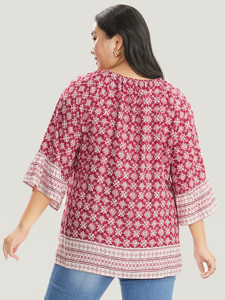 Floral Print Bell Sleeve Knotted Round Neck Blouse