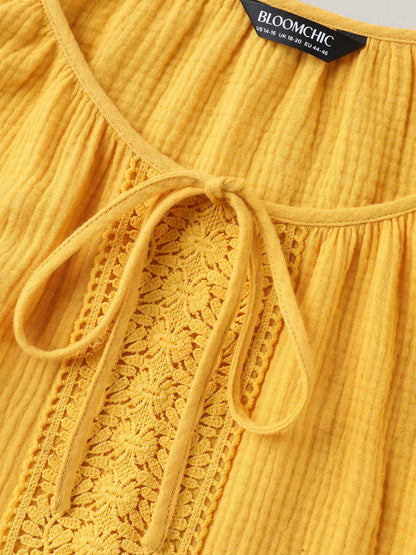 Pure Cotton Lace Placket Tied Blouse