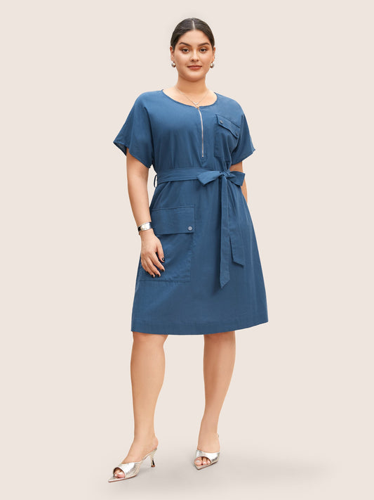 Round Neck Half Zip Flap Detail Belted Dress