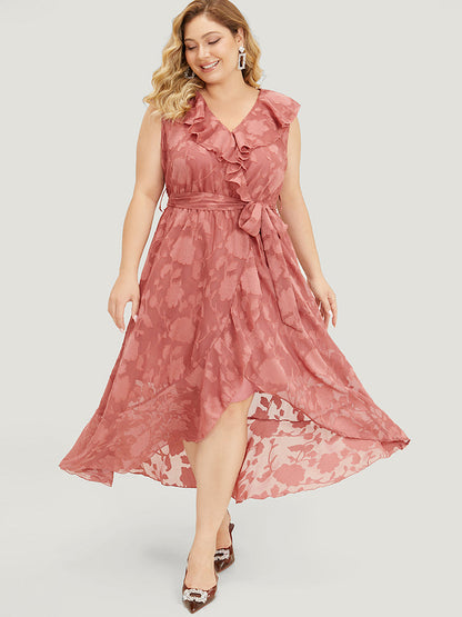 Floral Print Ruffle Trim Wrap Belted  Asymmetrical Tank Dress