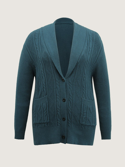 Cable Knit Pockets Shawl Collar Knit Cardigan