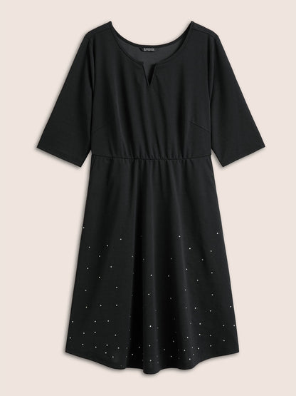Rhinestone Notched Pocket Curved Hem Dress