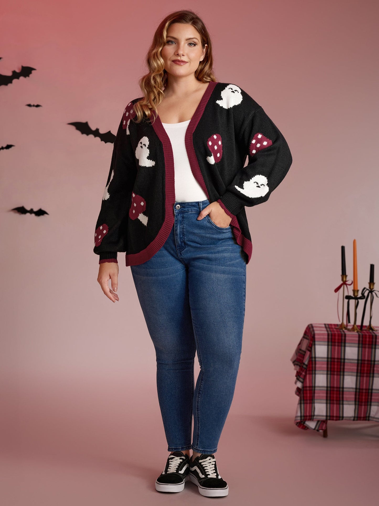 Happy Ghost Curvy Hem Open-Front Cardigan