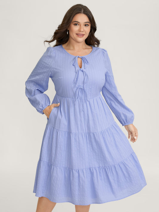 Cotton Textured Bow-Tie Detail Tiered Midi Dress