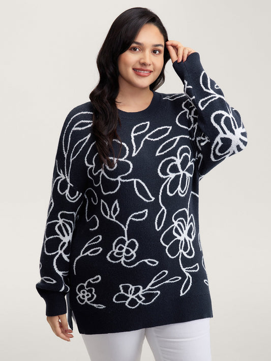 Round Neck Floral Split Hem Pullover