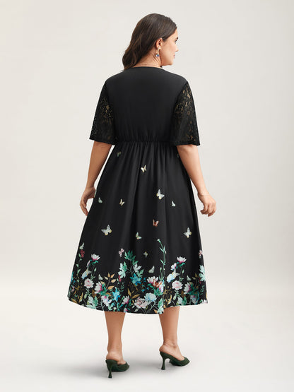 Gardenia Print Waist-Cinched Lace Midi Dress