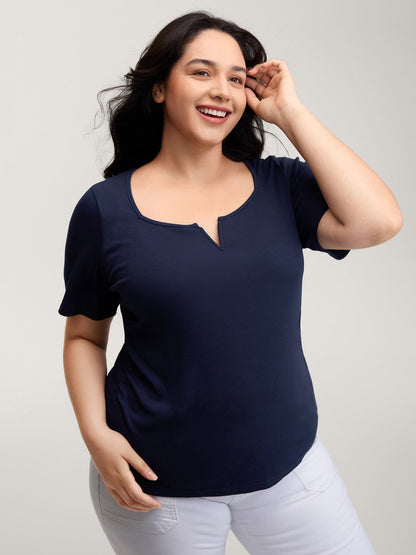 Ribbed High Stretch Split Neck T-Shirt