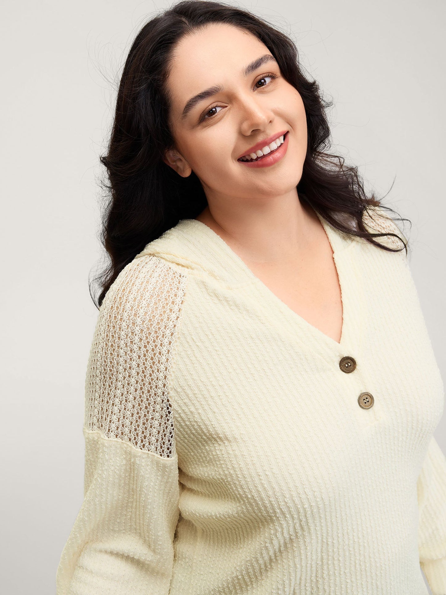 Textured Spliced Button Detail Hoodie