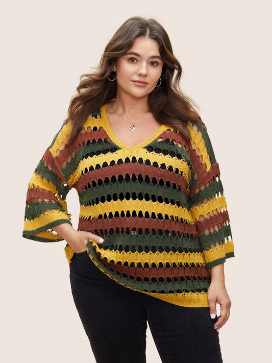 Deep V Neck Cut Out Stripes Contrast Pullover