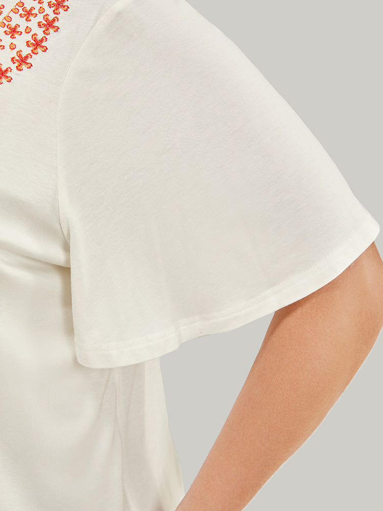 Floral Embroidered Ruffle Sleeve Keyhole Neck T-shirt