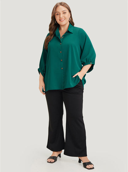 Anti-Wrinkle Solid Shirt Collar Lantern Sleeve Button Up Blouse