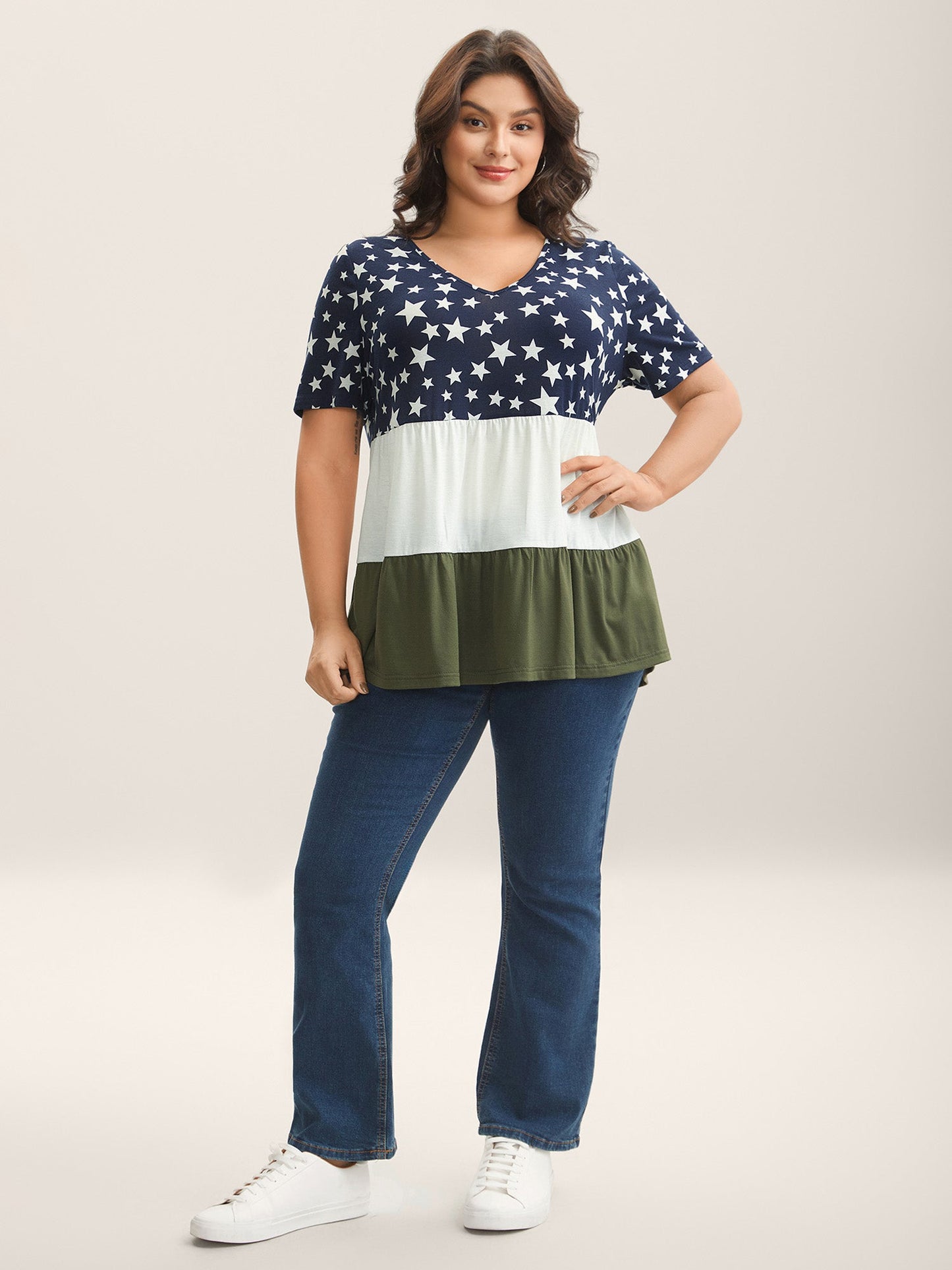 Star Print Color Contrast Tiered T-Shirt