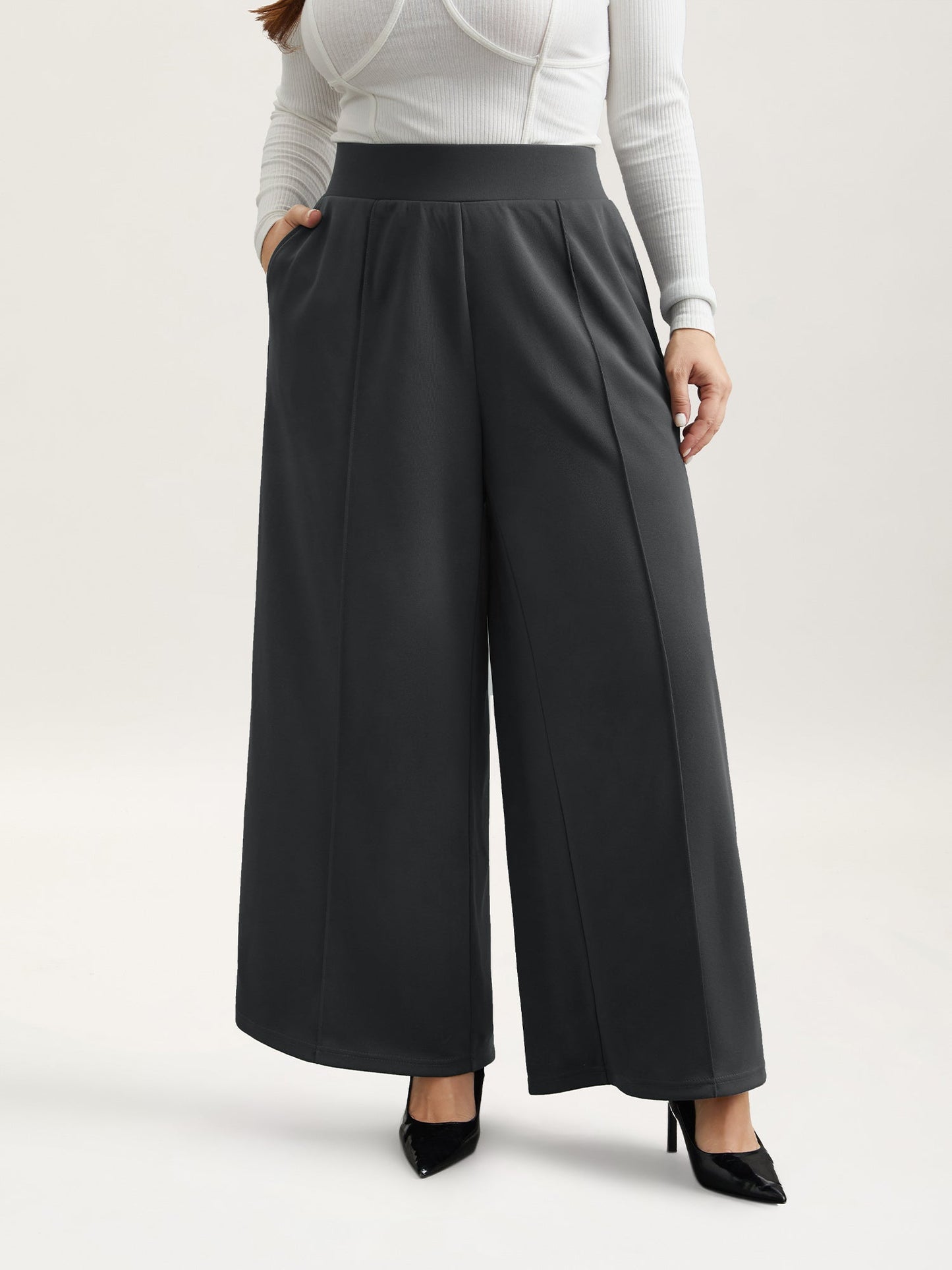 Ruched Tummy-Control Seamed Wide Leg Pants