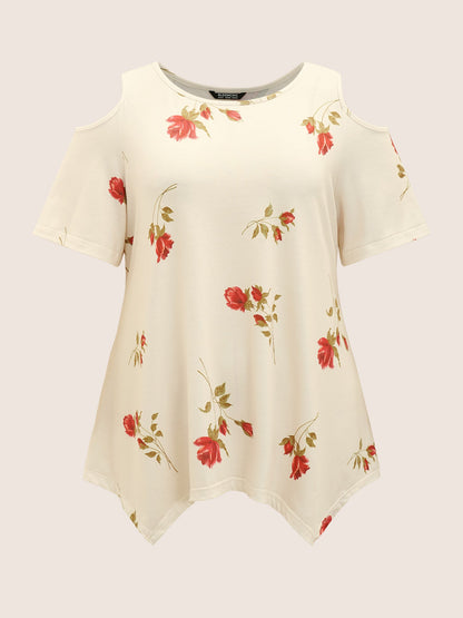 Rose Print Cold Shoulder T-shirt