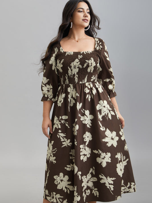 Leaf Print Square Neck Ruffled Shirred Midi Dress