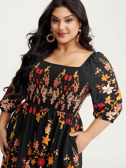 Floral Print Lace Trim Shirred Maxi Dress