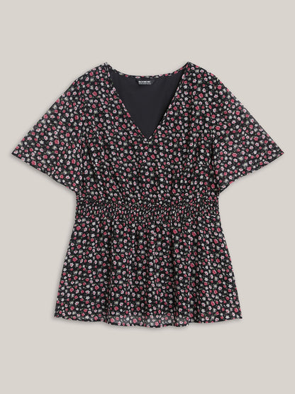 Floral Print Shirred Waist Cinched Shirt