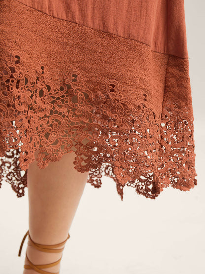 Cotton Lace Trim High Low Hem Midi Dress
