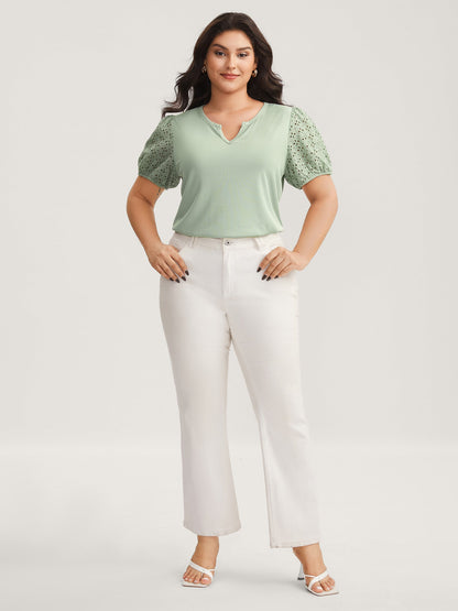 Eyelet Trim Solid Puffy Sleeve Knit Top