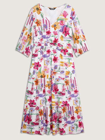 Bright Floral Print Pleated Waist Maxi Dress