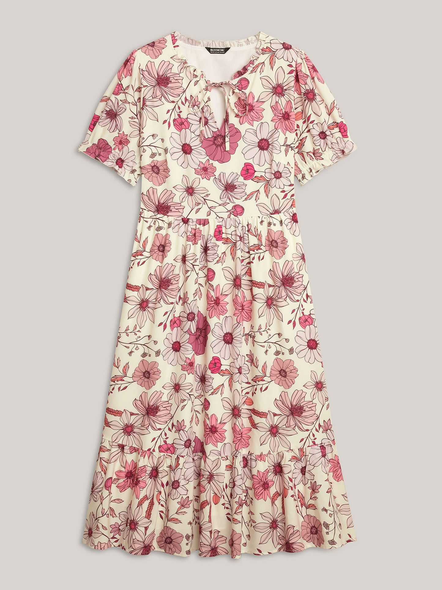 Floral Print Neck Tie Tiered Maxi Dress