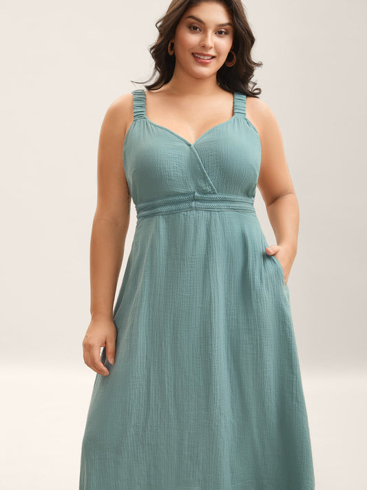 Cotton Textured Cinched-Waist A-Line Midi Dress