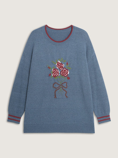 Supersoft Rosy Motif Contrast Round Neck Pullover
