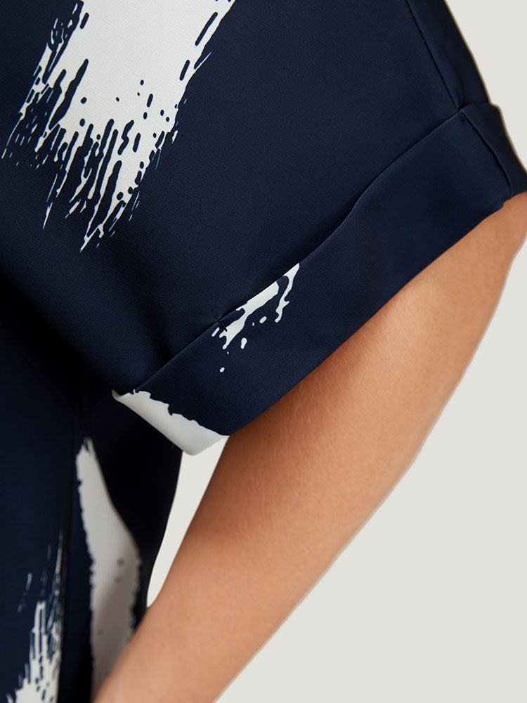 Brush Print Rolll Batwing Sleeve Blouse
