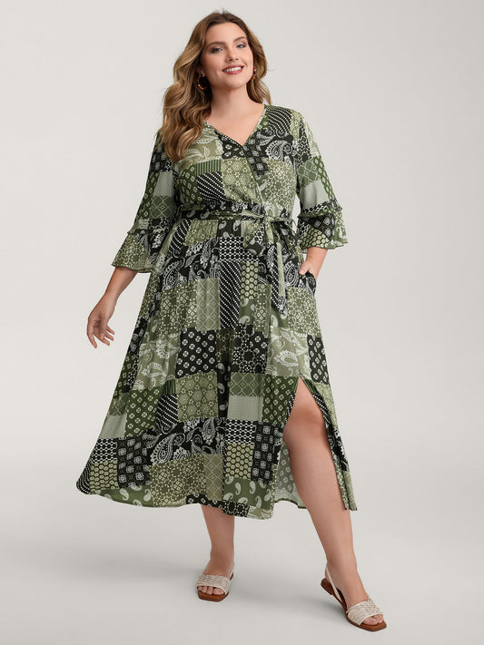 Boho Print Wrap Neckline Belted Maxi Dress