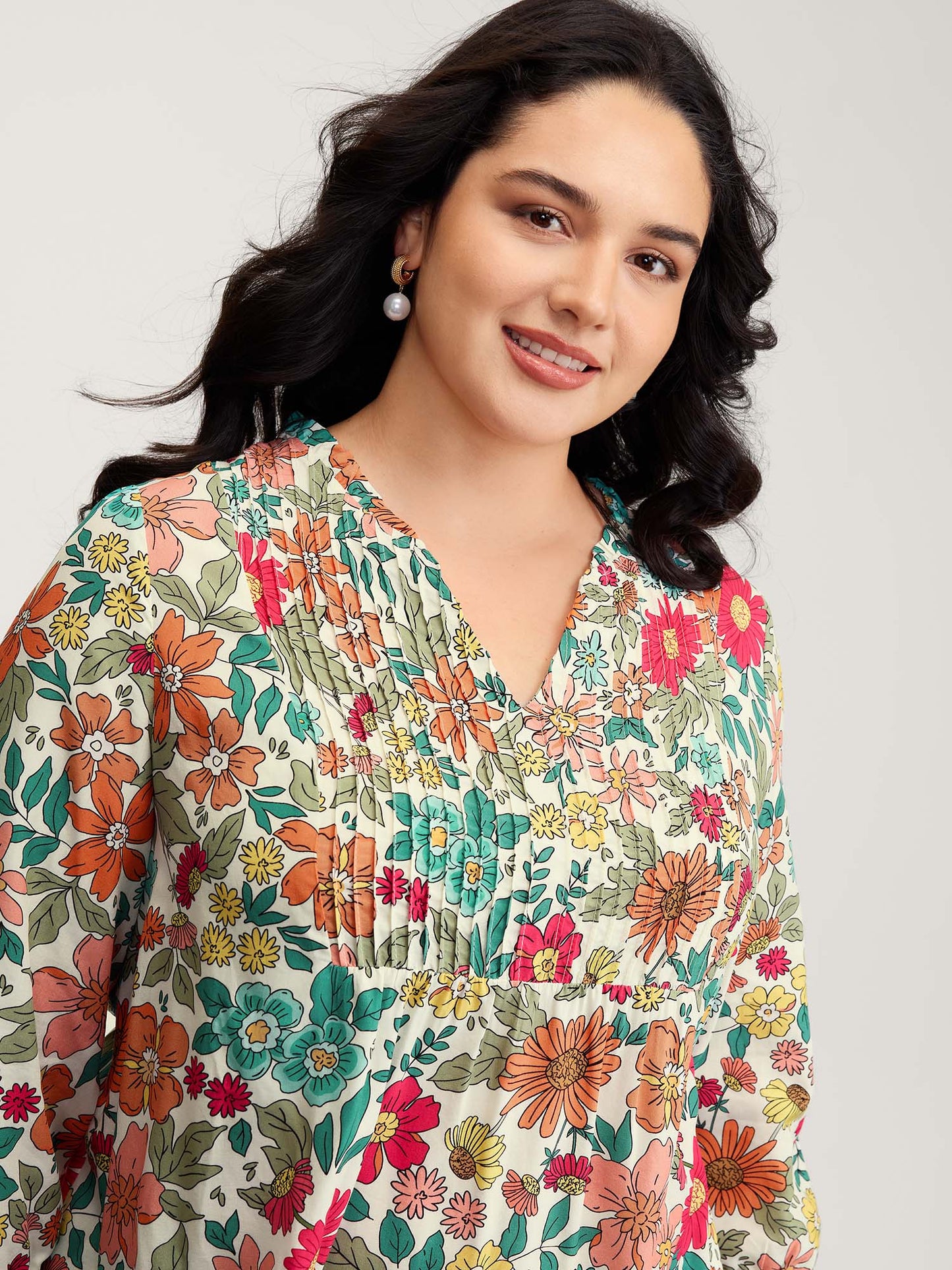 Supersoft Large Floral Print Pleated Neck Blouse