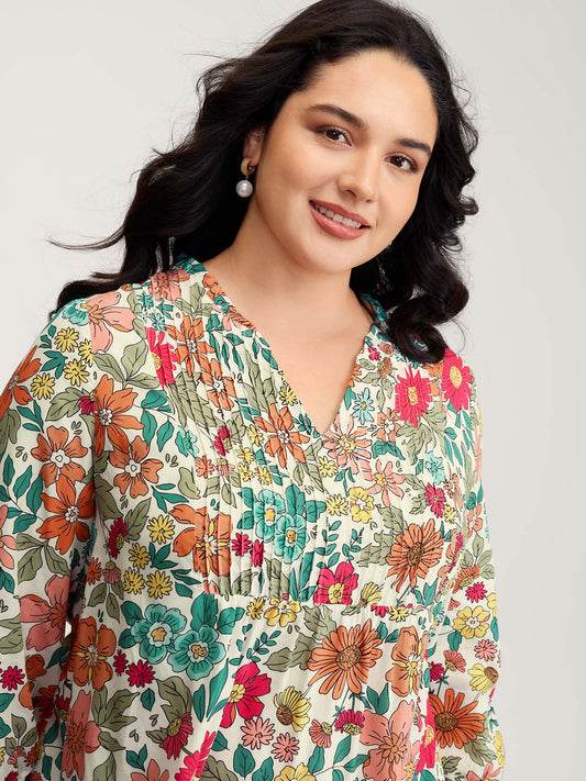 Supersoft Large Floral Print Pleated Neck Blouse